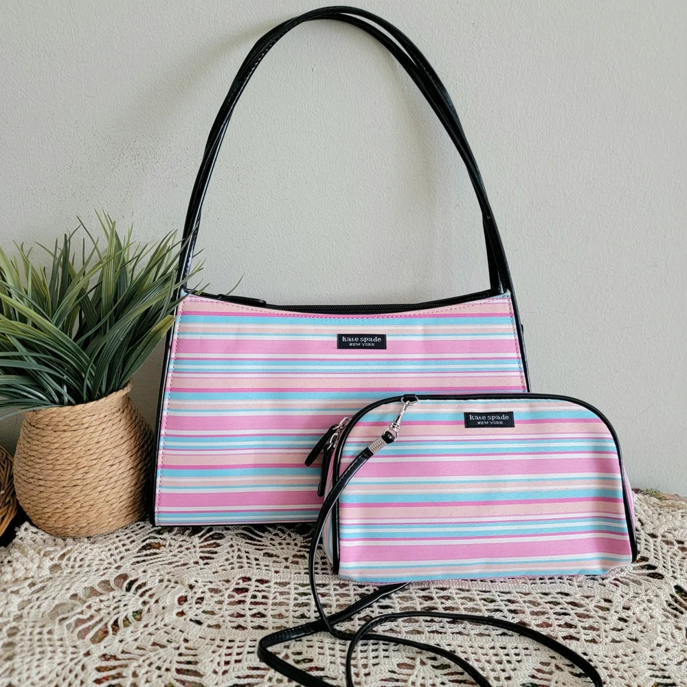 Kate Spade Pink and Blue Striped Shoulder Bag Set